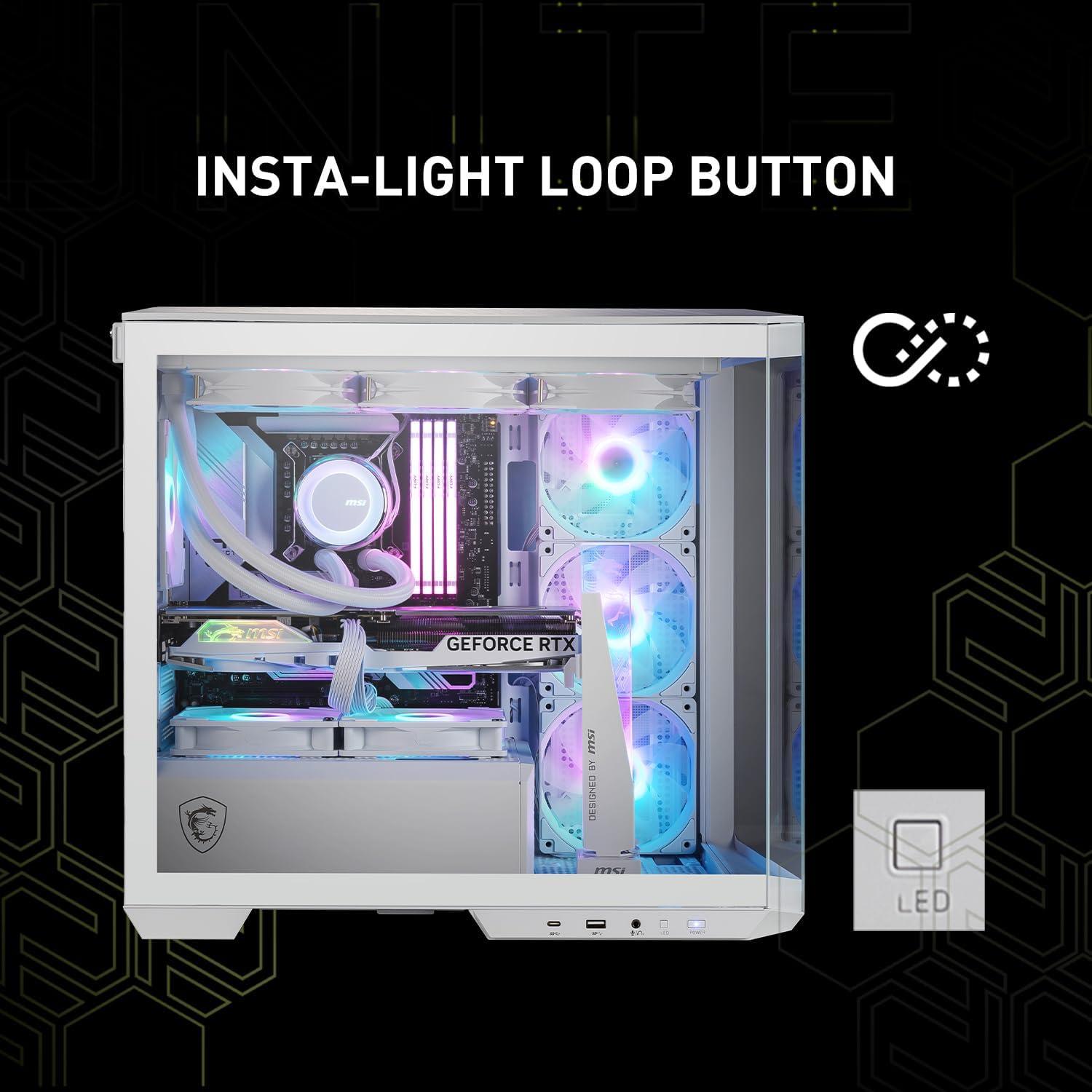 imageMSI MAG PANO M100R PZ White Premium MidTower Gaming PC Case Tempered Glass Side Panel ARGB 120mm Fans Liquid Cooling Support up to 360mm Radiator White Color Case