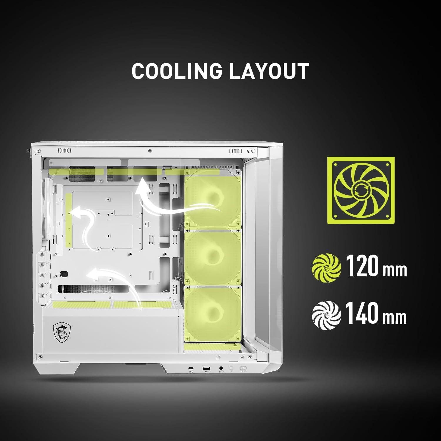 imageMSI MAG PANO M100R PZ White Premium MidTower Gaming PC Case Tempered Glass Side Panel ARGB 120mm Fans Liquid Cooling Support up to 360mm Radiator White Color Case