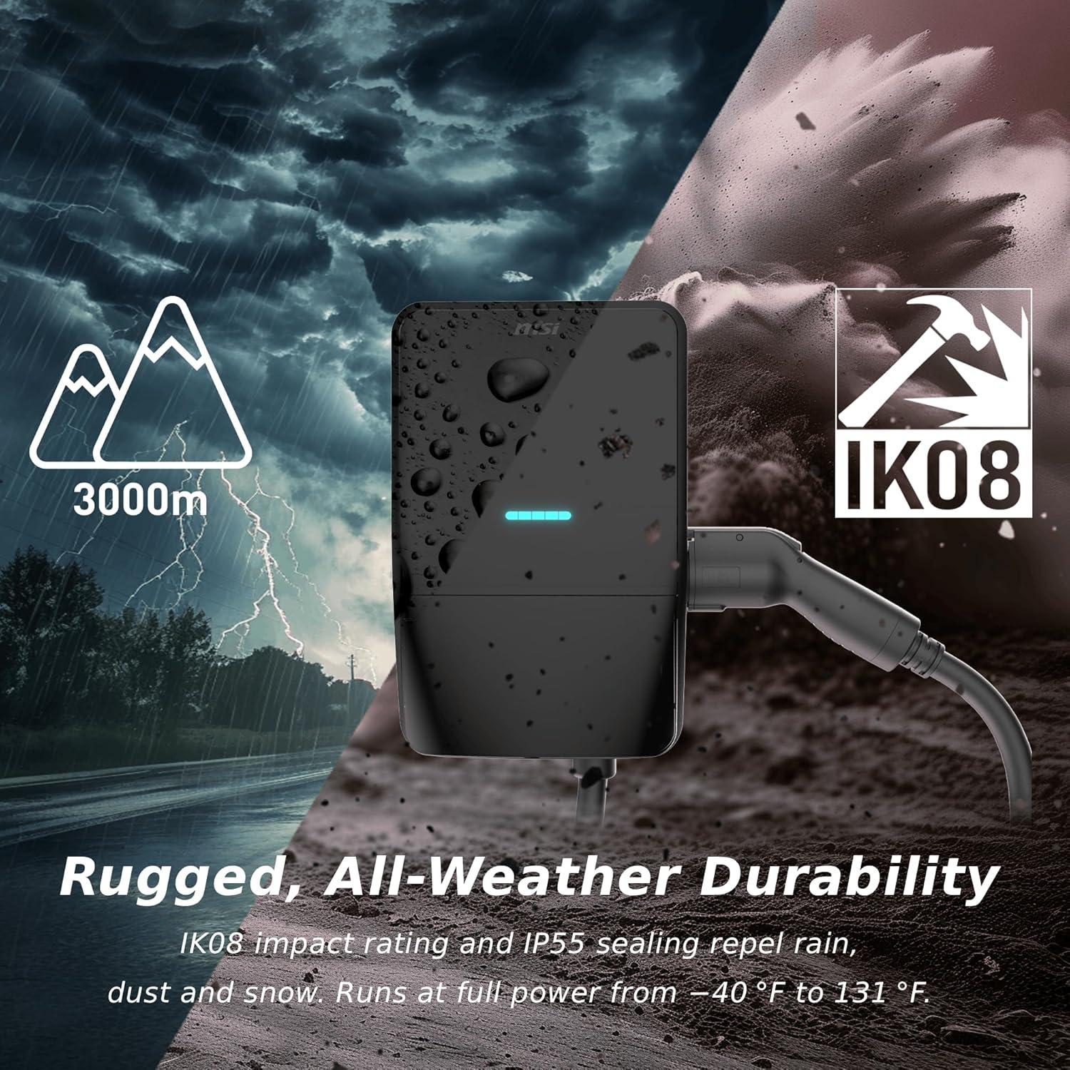 imageMSI EV Life NACS NEMA 1450 Level 2 Charger 240V 40A 96KW IP55 RatedWater and dust Resistant IK08 Impact Resistant UL2594 Certified Energy Star 5 Years Warranty