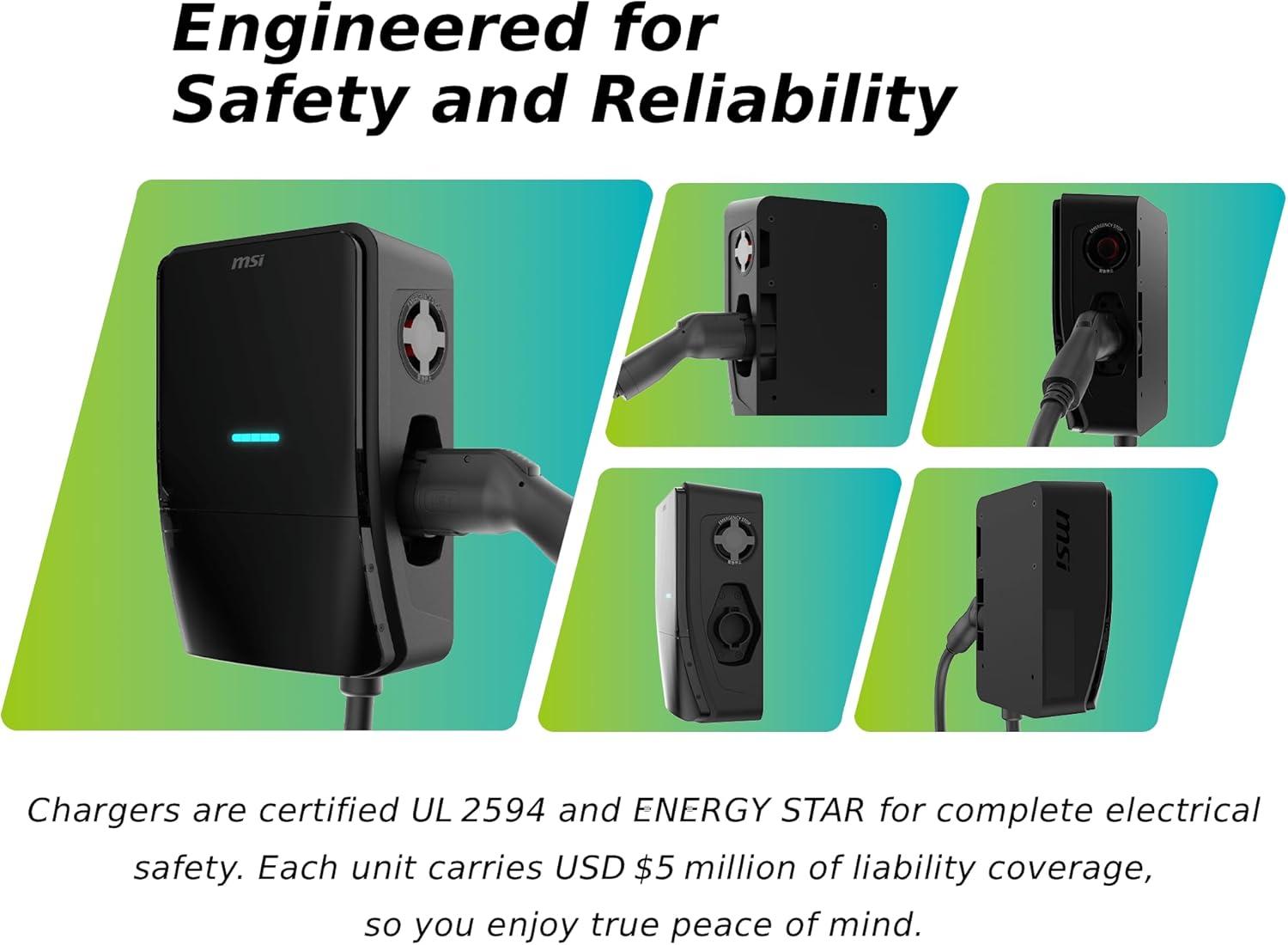 imageMSI EV Life NACS NEMA 1450 Level 2 Charger 240V 40A 96KW IP55 RatedWater and dust Resistant IK08 Impact Resistant UL2594 Certified Energy Star 5 Years Warranty