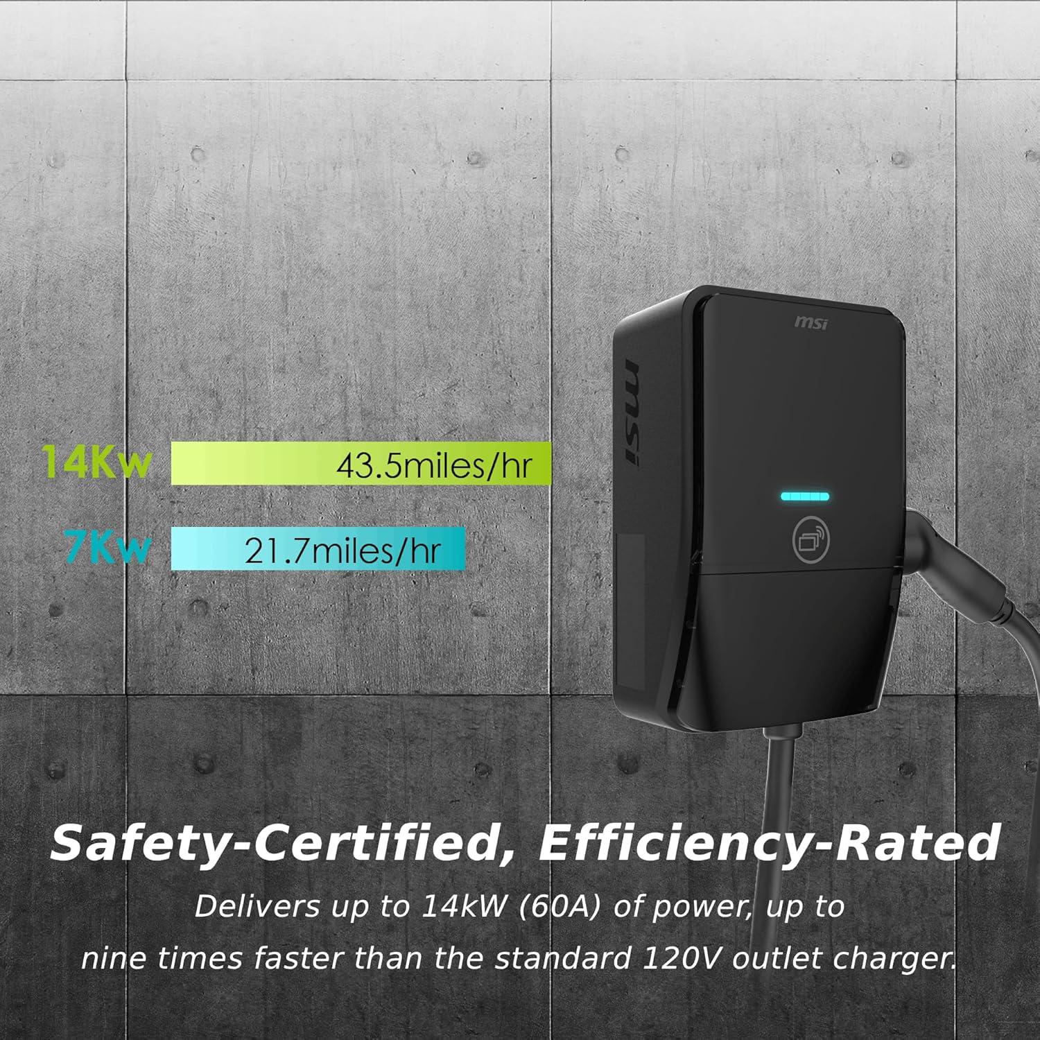 imageMSI EV Life Plus NACS Hardwired Level 2 Charger 240V 60A 144 kW IP55 RatedWater and dust Resistant IK08 Impact Resistant UL2594 Certified Energy Star RFID Card 5 Years Warranty