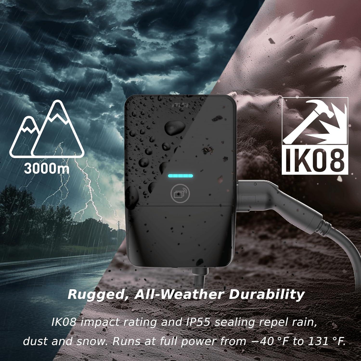 imageMSI EV Life Plus NACS NEMA 1450 Level 2 Charger 240V 40A 96KW IP55 RatedWater and dust Resistant IK08 Impact Resistant UL2594 Certified Energy Star RFID Card 5 Years Warranty