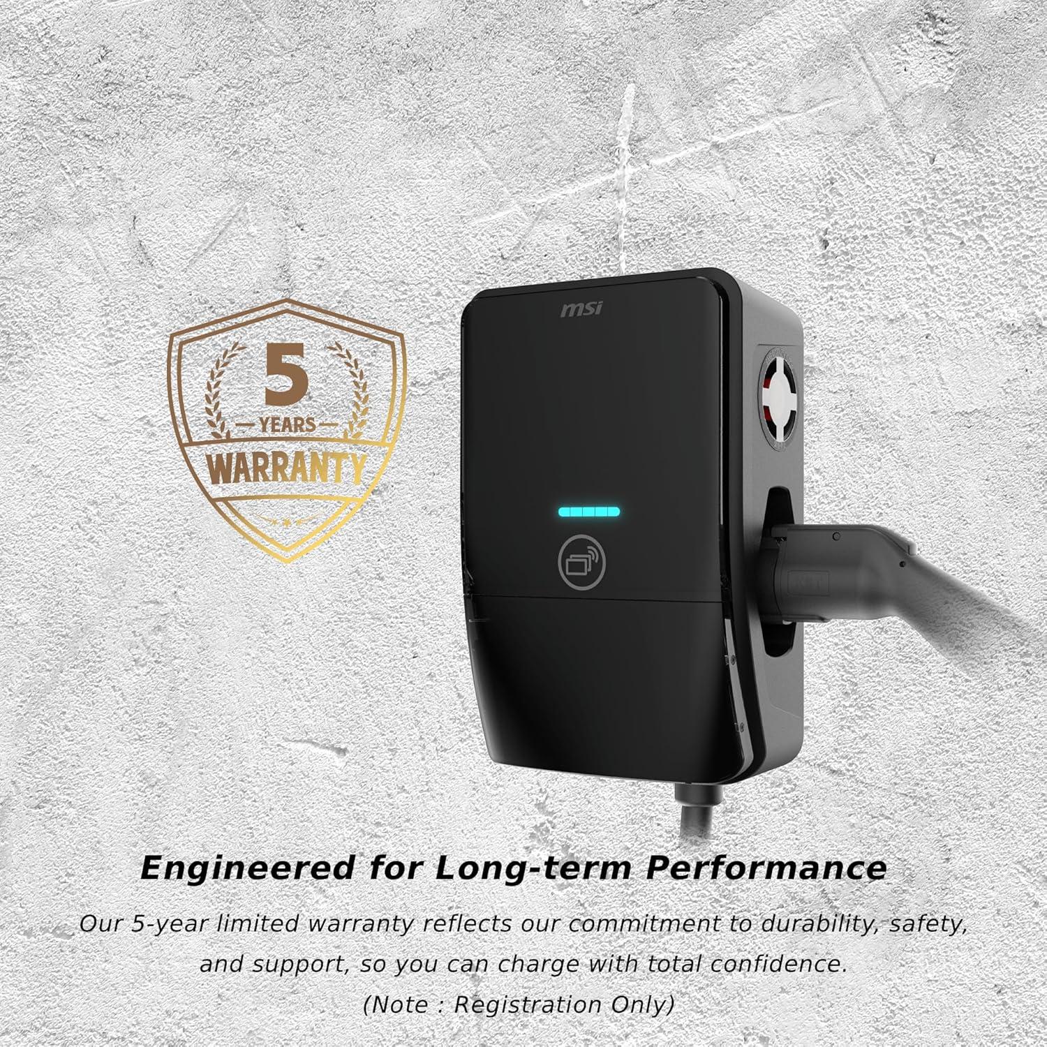 imageMSI EV Life Plus NACS NEMA 1450 Level 2 Charger 240V 40A 96KW IP55 RatedWater and dust Resistant IK08 Impact Resistant UL2594 Certified Energy Star RFID Card 5 Years Warranty