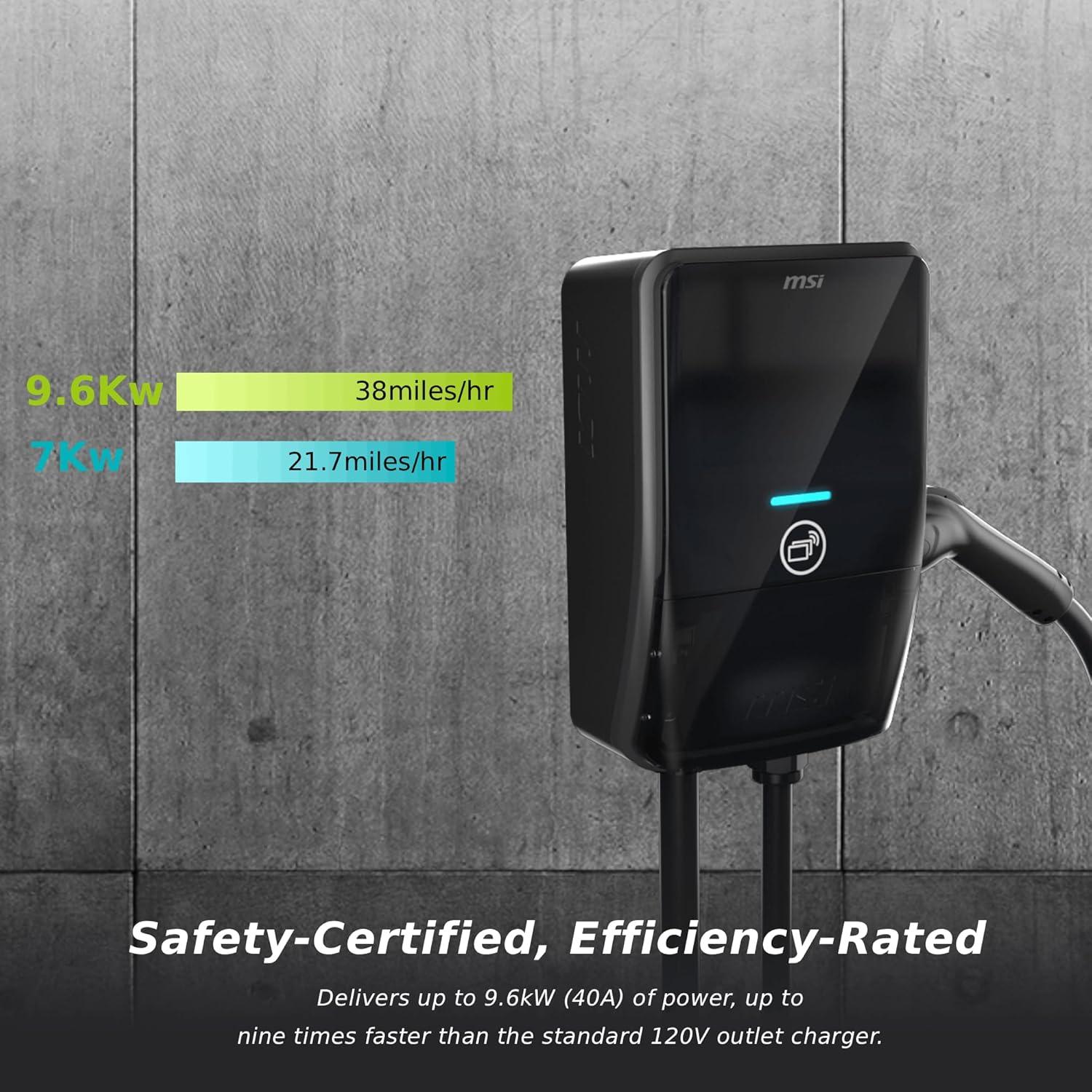 imageMSI EV Life Plus NACS NEMA 1450 Level 2 Charger 240V 40A 96KW IP55 RatedWater and dust Resistant IK08 Impact Resistant UL2594 Certified Energy Star RFID Card 5 Years Warranty