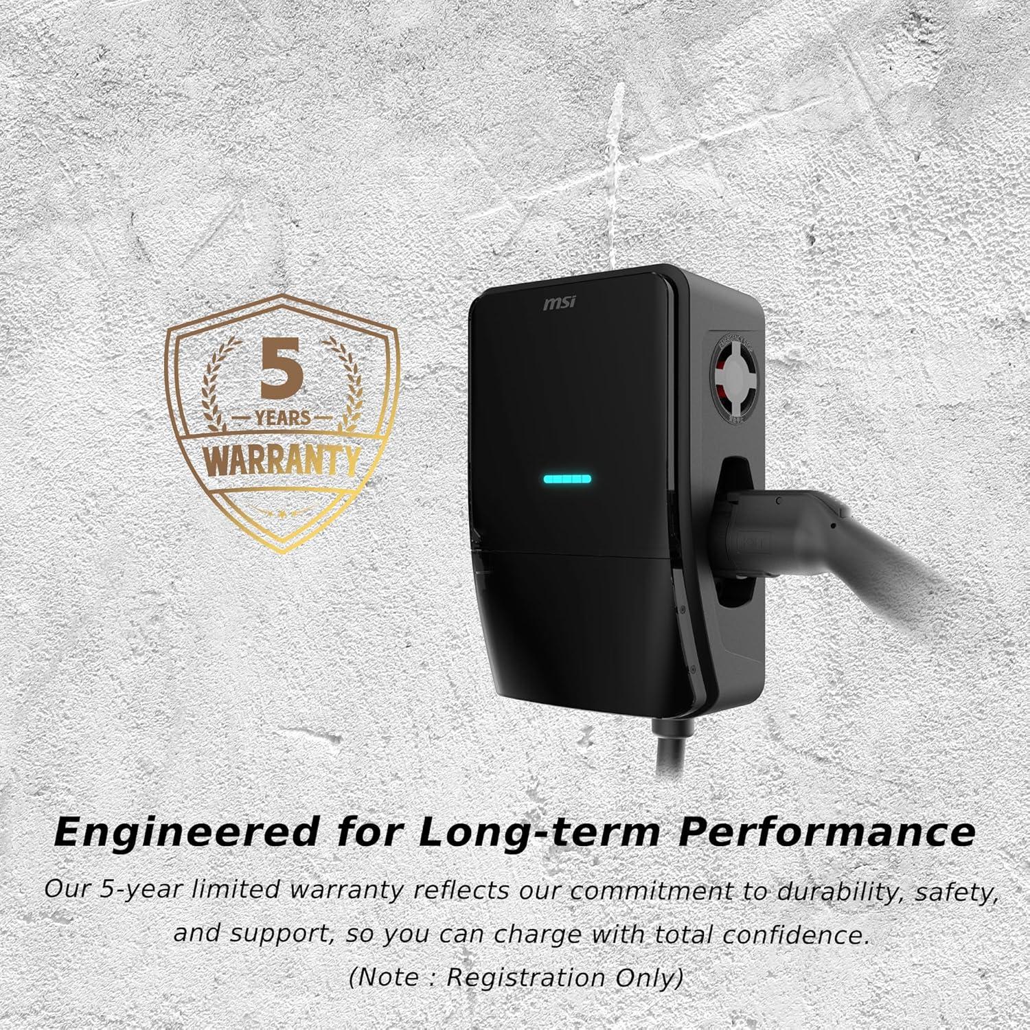 imageMSI EV Life Type 1 J1772 Hardwired Level 2 Charger 240V 60A 144 kW IP55 RatedWater and dust Resistant IK08 Impact Resistant UL2594 Certified Energy Star 5 Years Warranty