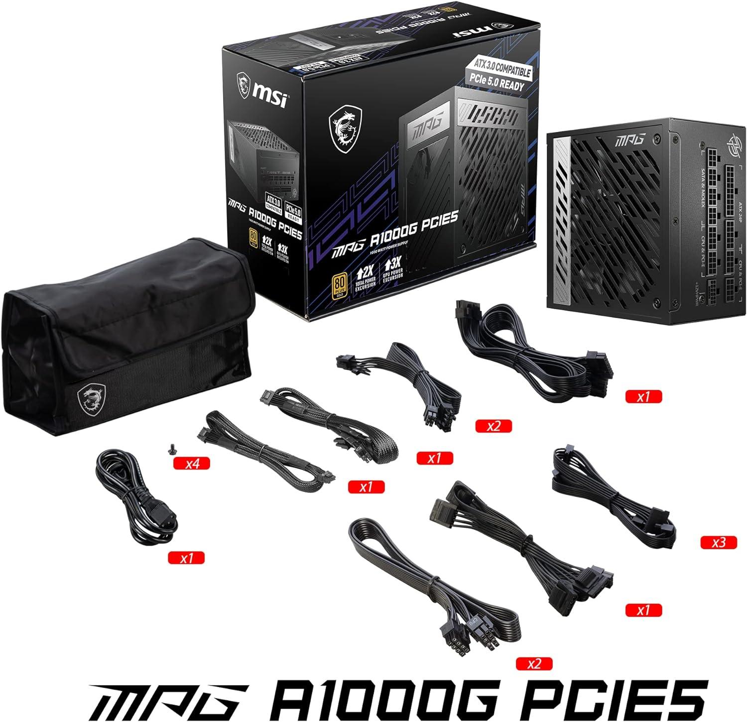 imageMSI MPG A1000G PCIE 51 ampamp ATX 31 Gaming Power Supply Full Modular 80 Plus Gold Certified 1000W 100 Japanese 105C Capacitors Compact Size ATX PSU 10 Year Warranty1000W