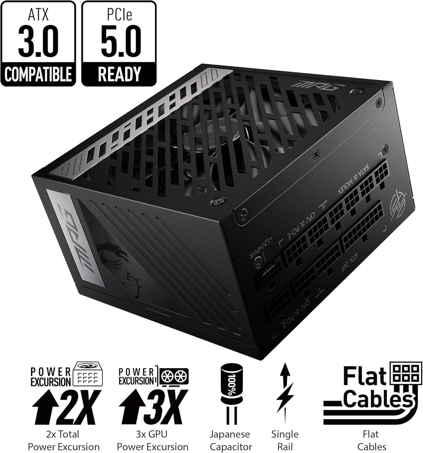 imageMSI MPG A1000G PCIE 51 ampamp ATX 31 Gaming Power Supply Full Modular 80 Plus Gold Certified 1000W 100 Japanese 105C Capacitors Compact Size ATX PSU 10 Year Warranty1000W