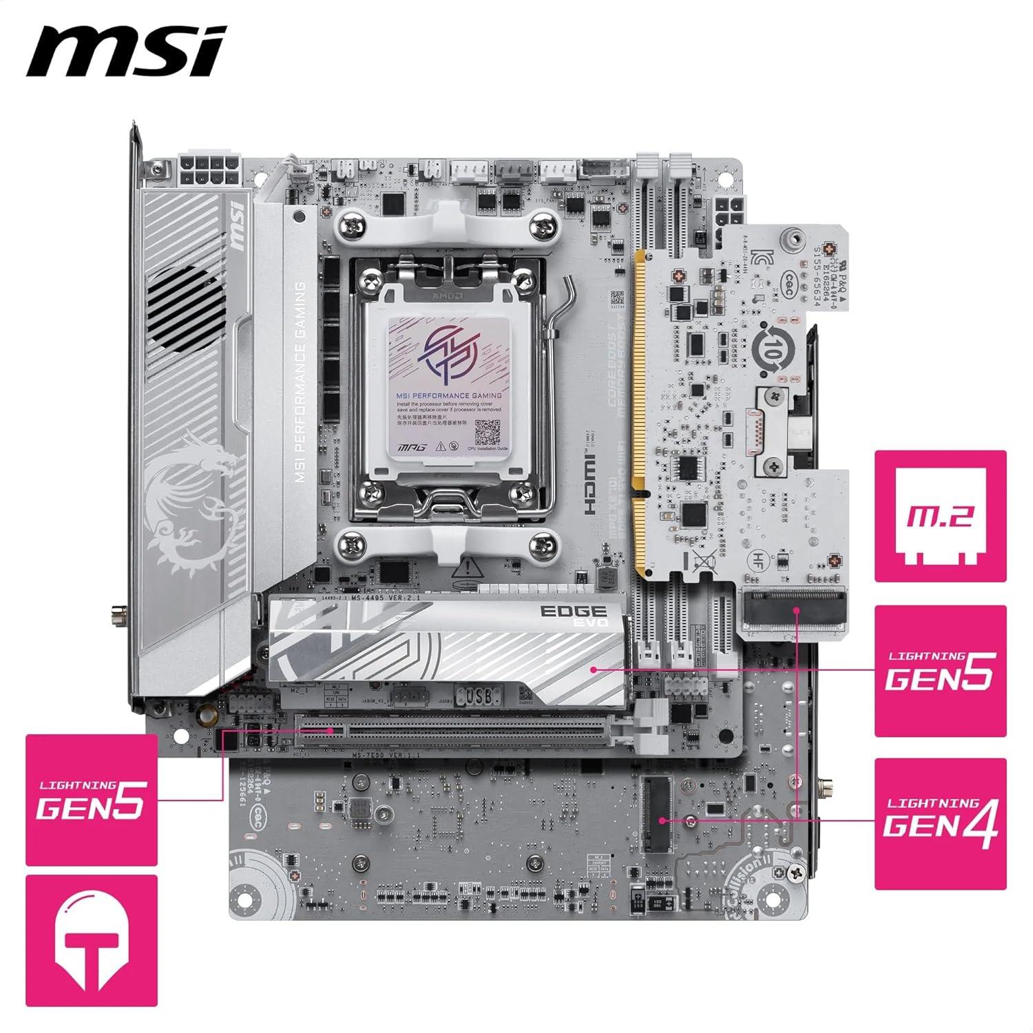 imageMSI MPG X870I Edge TI EVO WiFi Motherboard ATX Supports AMD Ryzen 90008000 7000 Processors AM5110A SPS VRM DDR5 Memory Boost up to10000MTs OC PCIe 50 x16 M2 Gen5 WiFi 7 5G LAN