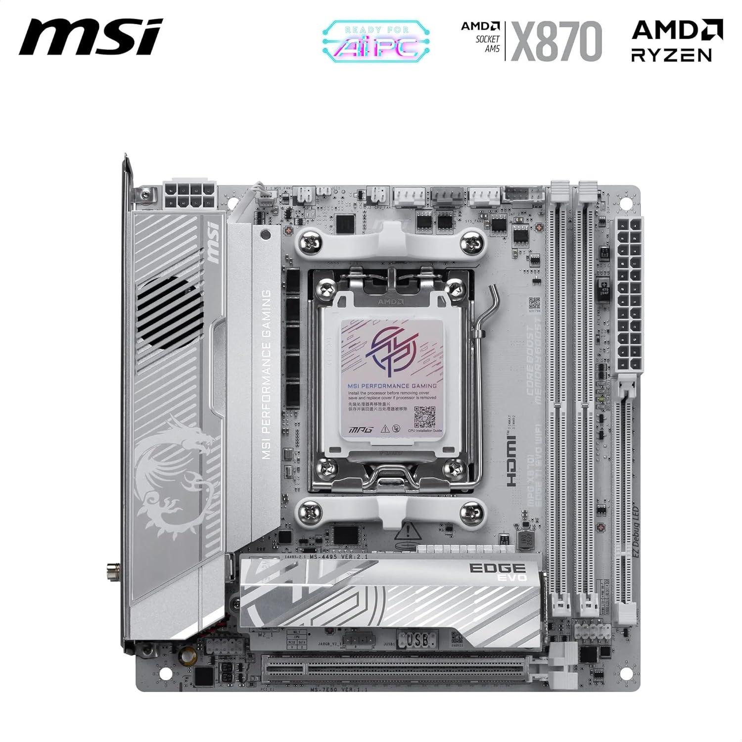 imageMSI MPG X870I Edge TI EVO WiFi Motherboard ATX Supports AMD Ryzen 90008000 7000 Processors AM5110A SPS VRM DDR5 Memory Boost up to10000MTs OC PCIe 50 x16 M2 Gen5 WiFi 7 5G LAN