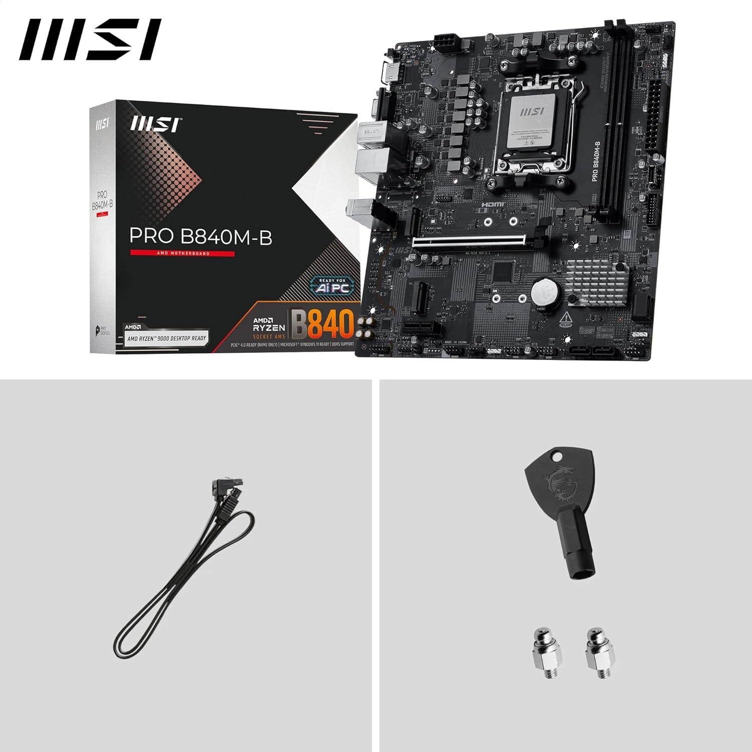 imageMSI PRO B840MB Motherboard mATX Supports AMD Ryzen 90008000 7000 Processors AM5 DDR5 Memory Boost 8000 MTs OC PCIe 40 x16 M2 Gen4 25G LAN