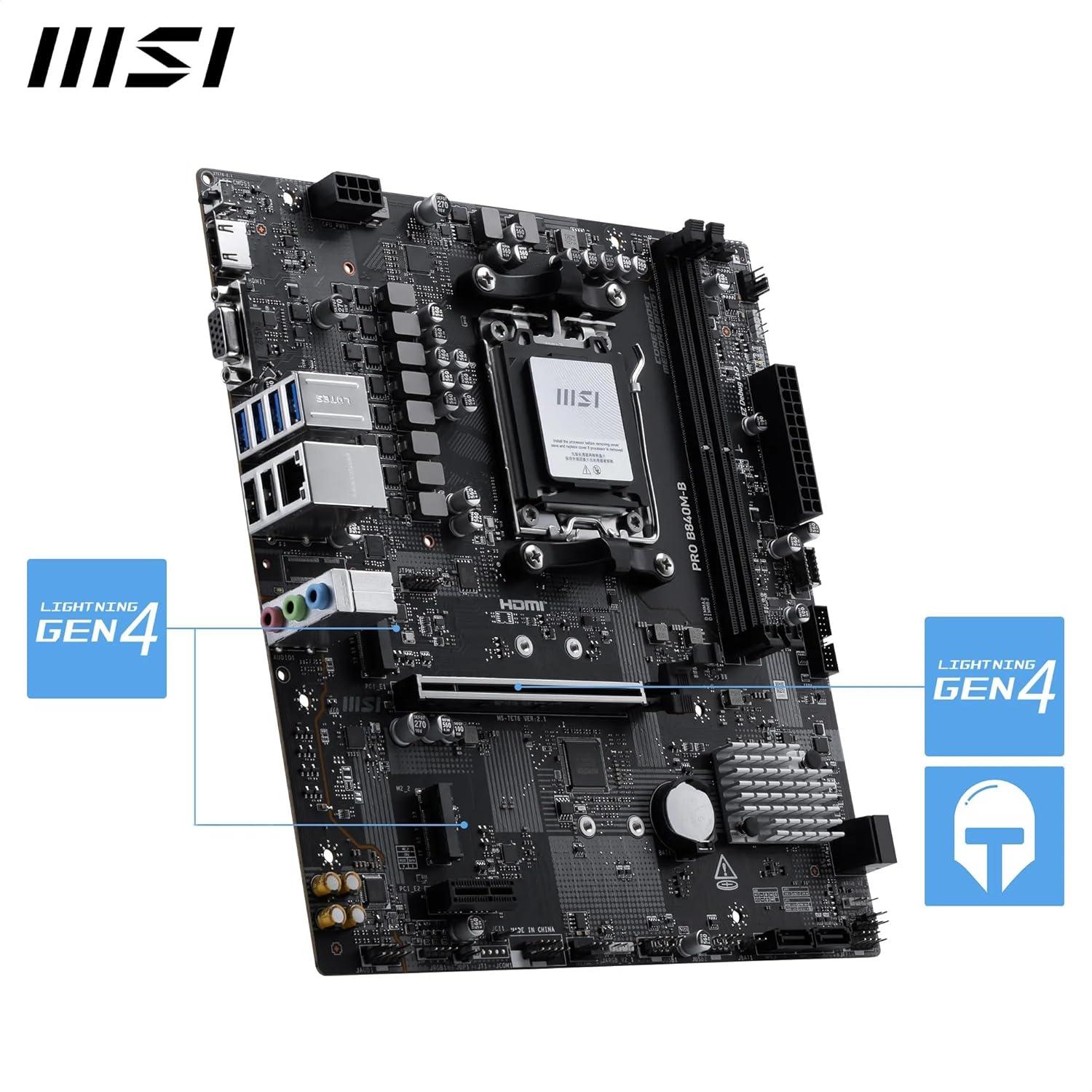 imageMSI PRO B840MB Motherboard mATX Supports AMD Ryzen 90008000 7000 Processors AM5 DDR5 Memory Boost 8000 MTs OC PCIe 40 x16 M2 Gen4 25G LAN