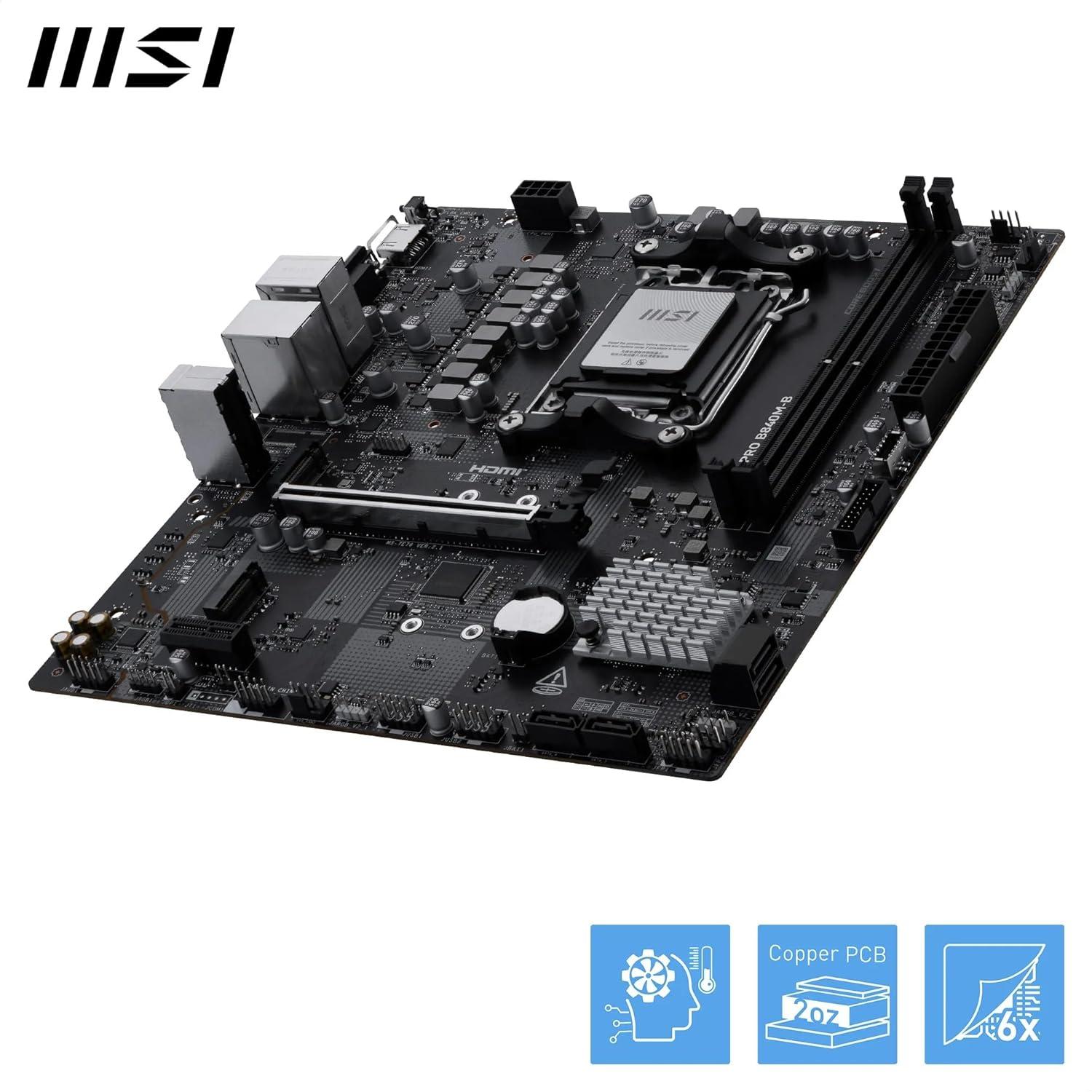 imageMSI PRO B840MB Motherboard mATX Supports AMD Ryzen 90008000 7000 Processors AM5 DDR5 Memory Boost 8000 MTs OC PCIe 40 x16 M2 Gen4 25G LAN