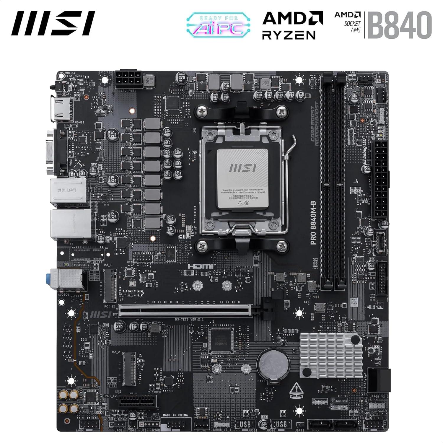 imageMSI PRO B840MB Motherboard mATX Supports AMD Ryzen 90008000 7000 Processors AM5 DDR5 Memory Boost 8000 MTs OC PCIe 40 x16 M2 Gen4 25G LAN