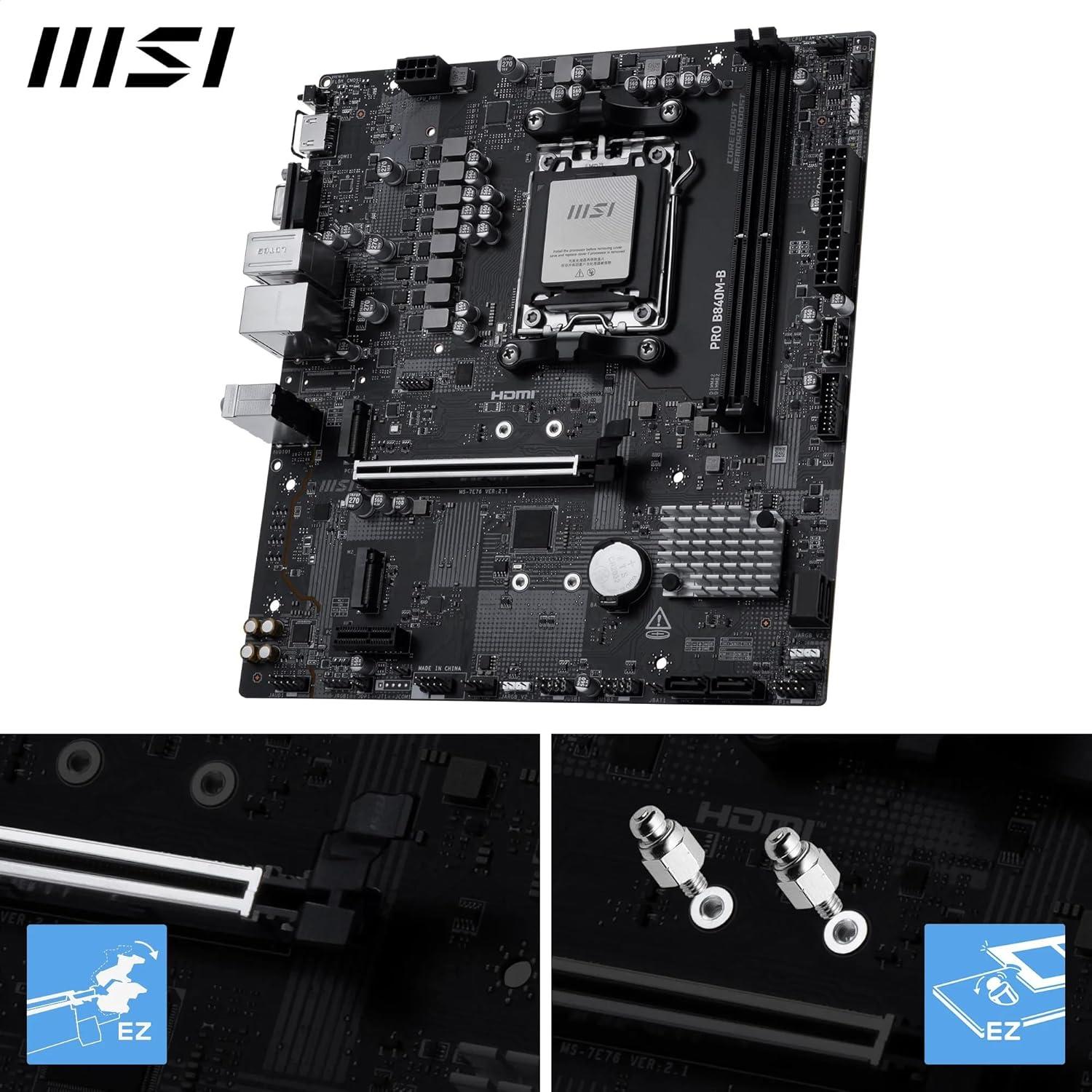 imageMSI PRO B840MB Motherboard mATX Supports AMD Ryzen 90008000 7000 Processors AM5 DDR5 Memory Boost 8000 MTs OC PCIe 40 x16 M2 Gen4 25G LAN