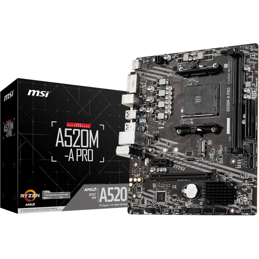 imageMSI A520MA PRO V1 Gaming Motherboard AMD Ryzen 5000 AM4 DDR4 PCIe 30 SATA 6Gbs M2 USB 32 Gen 1 DVIHDMI MicroATX