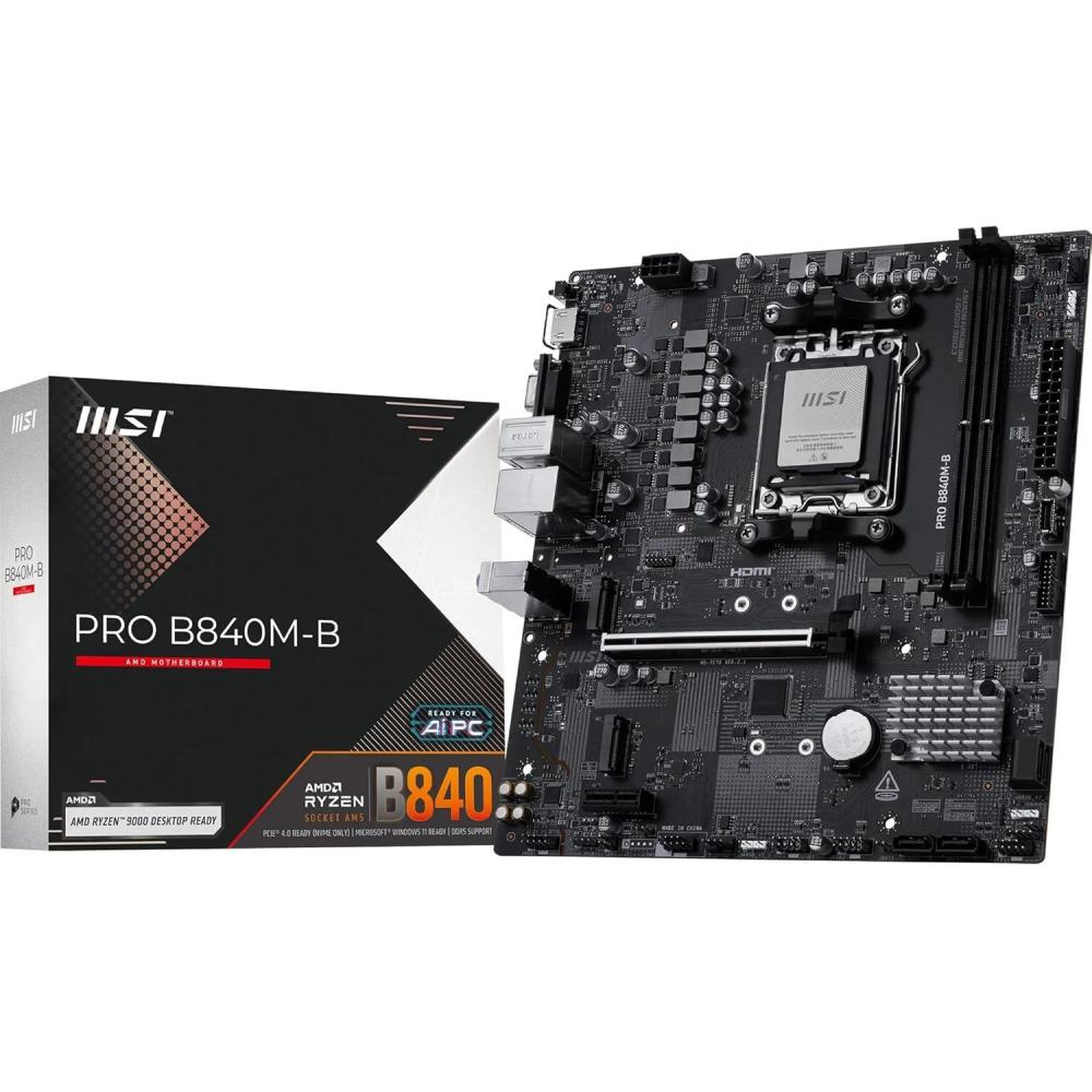 imageMSI PRO B840MB Motherboard mATX  Supports AMD Ryzen 90008000  7000 Processors AM5  DDR5 Memory Boost 8000 MTs OC PCIe 40 x16 M2 Gen4 25G LAN