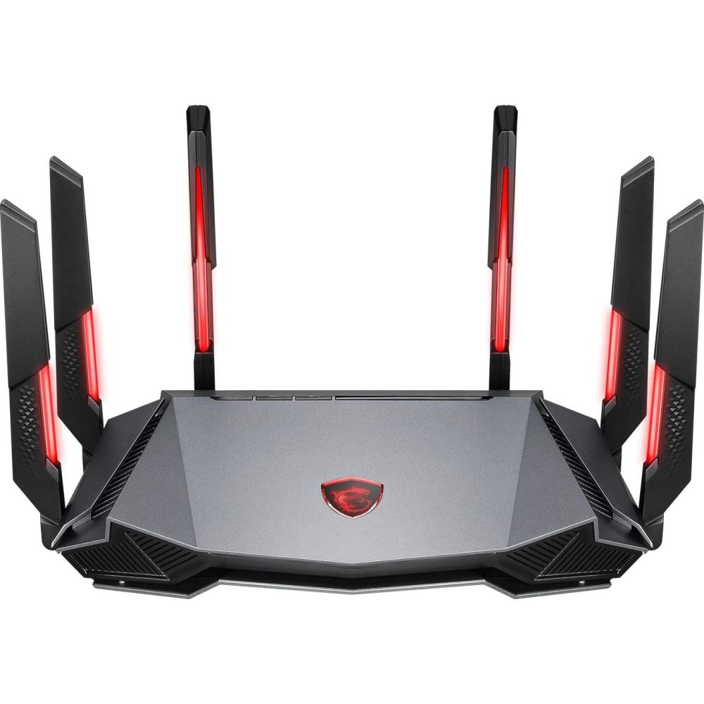 imageMSI Radix AXE6600 WiFi 6E TriBand Gaming Router AI QoS RGB 18GHz QuadCore Processor MUMIMO Tri Band Gigabit Wireless 8Stream High Speed Long Range Gaming Router