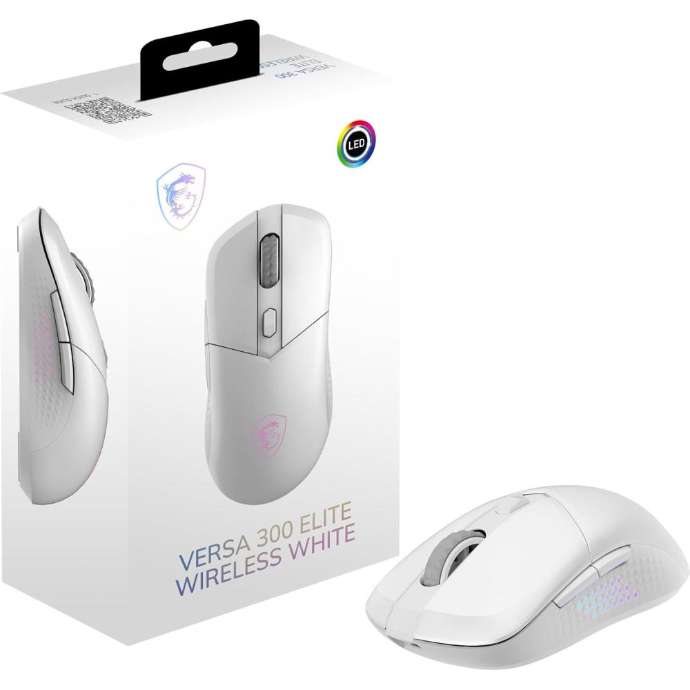 imageMSI Versa 300 Elite Wireless White Gaming Mouse  26000 DPI Optical Sensor 1000 Hz Polling Rate Symmetrical 60M Click OMRON Switches 6 Buttons 200Hour Battery 1ms Latency RGB 65gWhite
