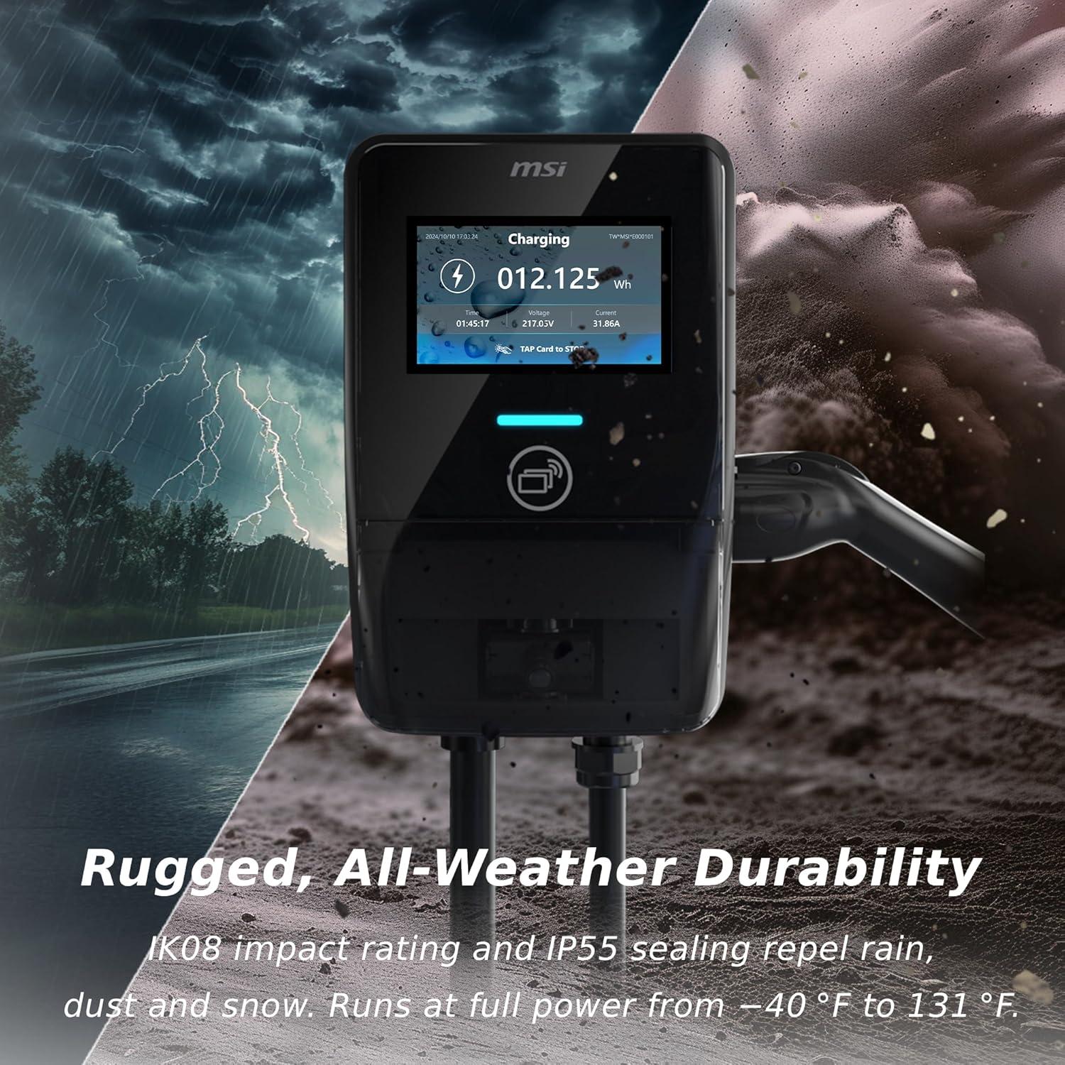 imageMSI EV Premium NACS NEMA 1450 Level 2 Charger 240V 40A 96KW IP55 RatedWater and dust Resistant IK08 Impact Resistant UL2594 Certified Energy Star 5 Years Warranty