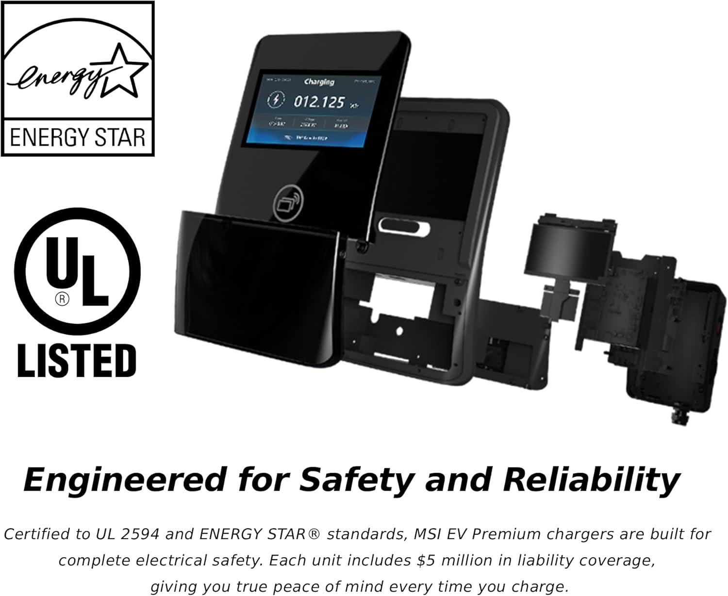 imageMSI EV Premium NACS NEMA 1450 Level 2 Charger 240V 40A 96KW IP55 RatedWater and dust Resistant IK08 Impact Resistant UL2594 Certified Energy Star 5 Years Warranty