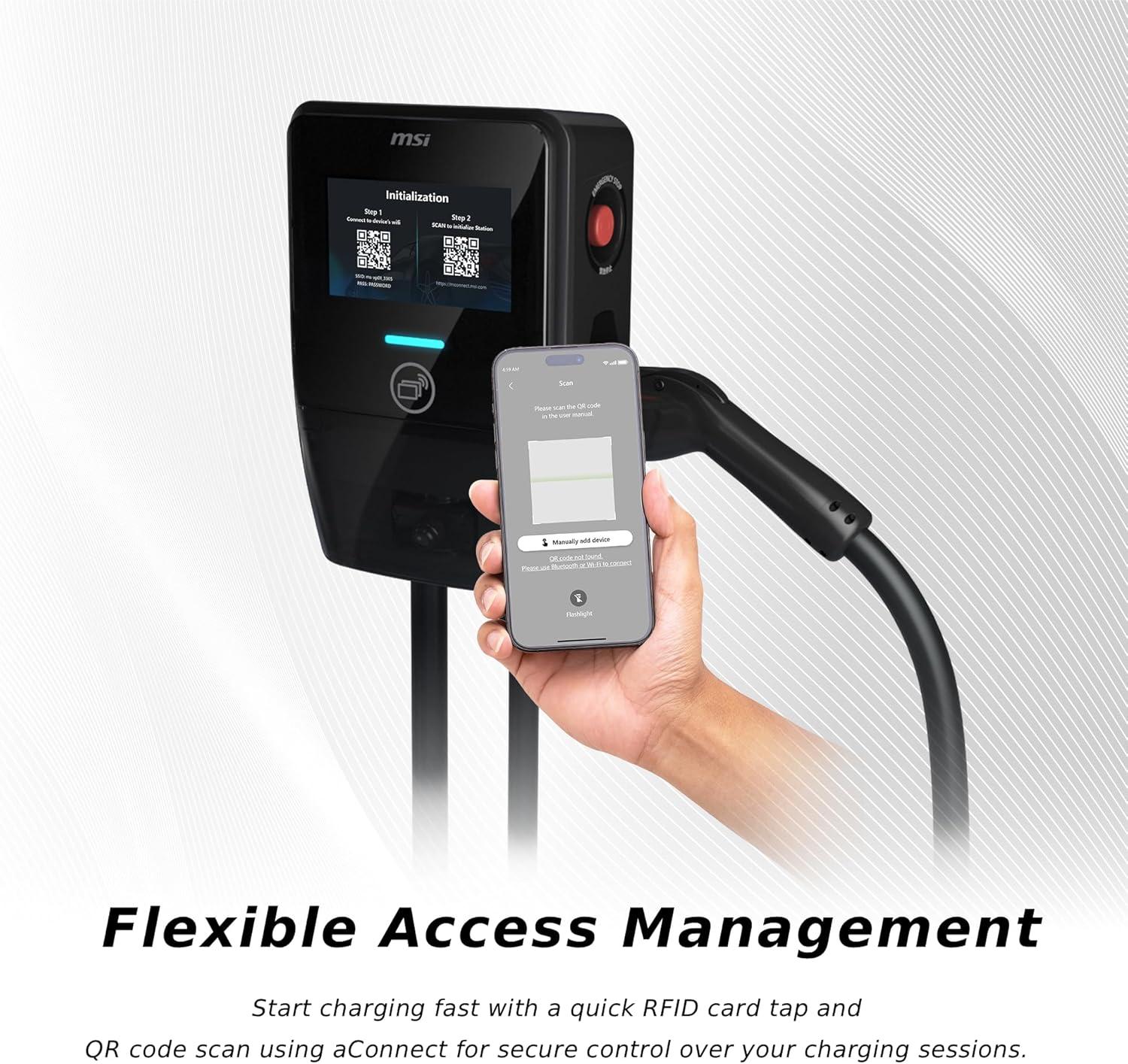 imageMSI EV Premium NACS Hardwired Level 2 Charger 240V 60A 144 kW IP55 RatedWater and dust Resistant IK08 Impact Resistant UL2594 Certified Energy Star 5 Years Warranty