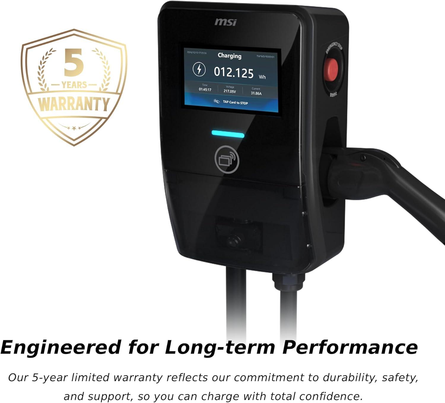 imageMSI EV Premium Type 1 J1772 Hardwired Level 2 Charger 240V 60A 144 kW IP55 RatedWater and dust Resistant IK08 Impact Resistant UL2594 Certified Energy Star 5 Years Warranty