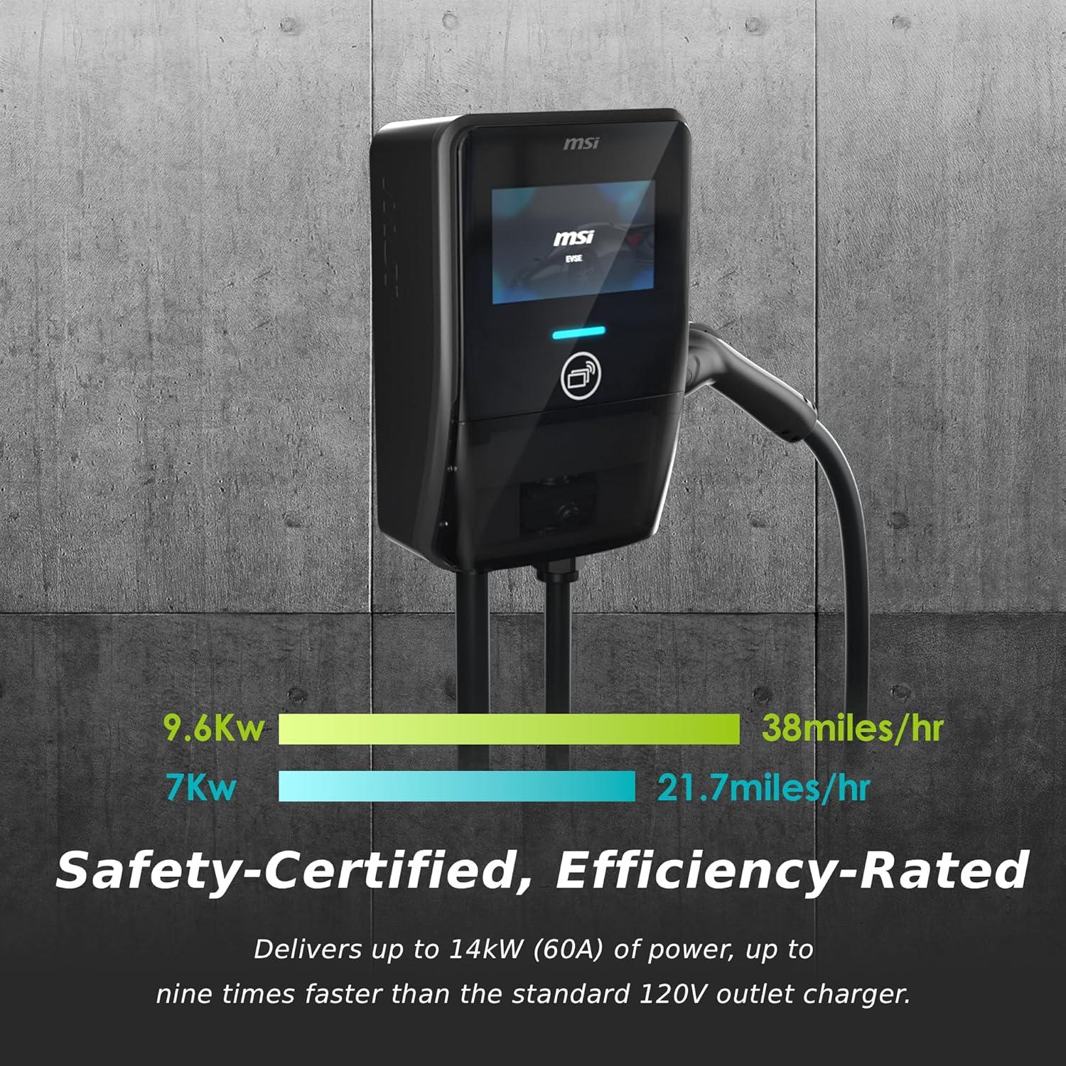 imageMSI EV Premium Type 1 J1772 Hardwired Level 2 Charger 240V 60A 144 kW IP55 RatedWater and dust Resistant IK08 Impact Resistant UL2594 Certified Energy Star 5 Years Warranty