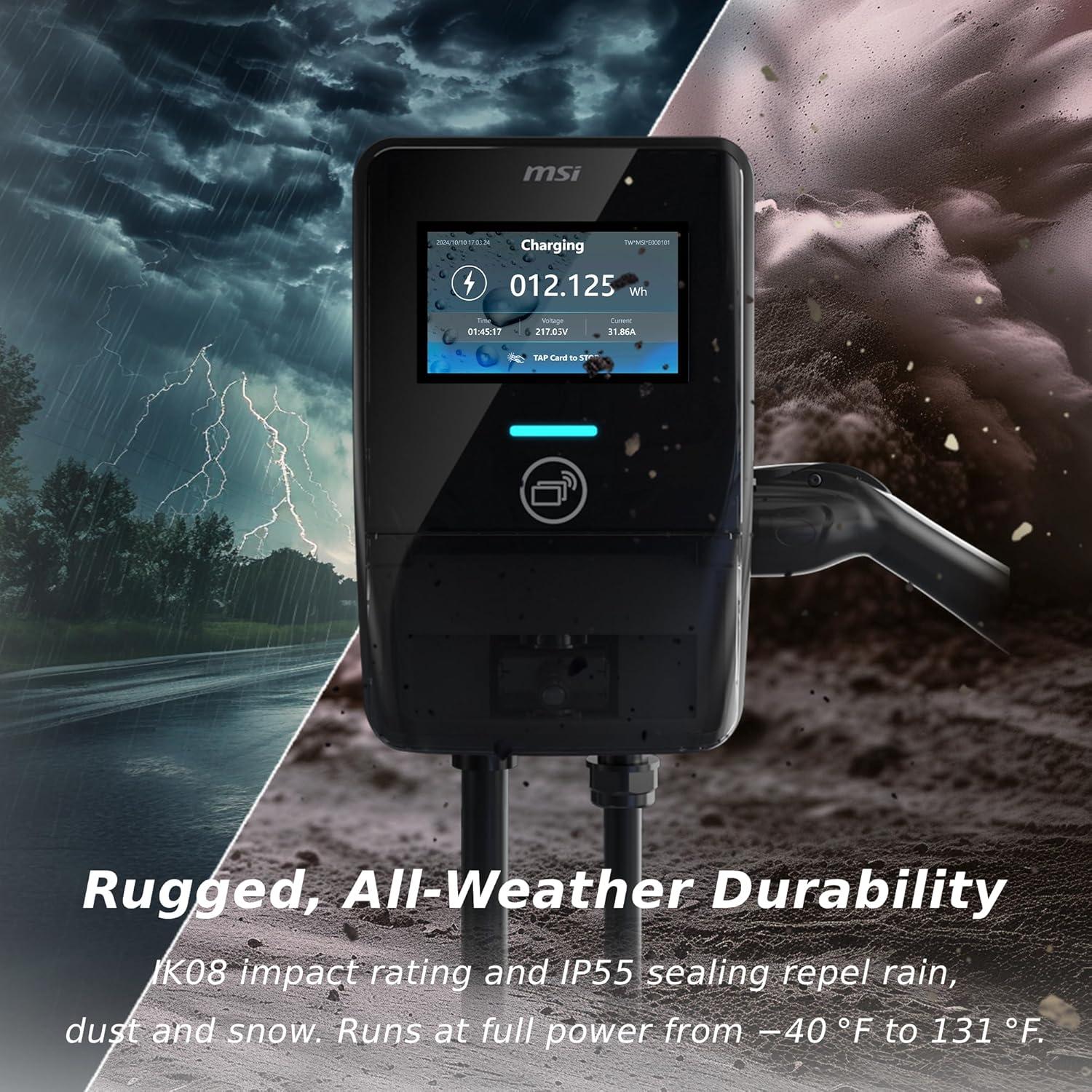 imageMSI EV Premium Type 1 J1772 NEMA 1450 Level 2 Charger 240V 40A 96KW IP55 RatedWater and dust Resistant IK08 Impact Resistant UL2594 Certified Energy Star 5 Years Warranty