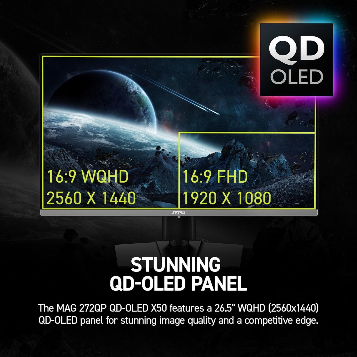 imagemsi MAG 272QP QDOLED X50 265inch 2560 x 1440 WQHD Gaming Monitor 500Hz AMD AdaptiveSync HDR Ready HDMI VGA Port VESA Mountable Tilt 4Side Slim Bezel 003ms Black