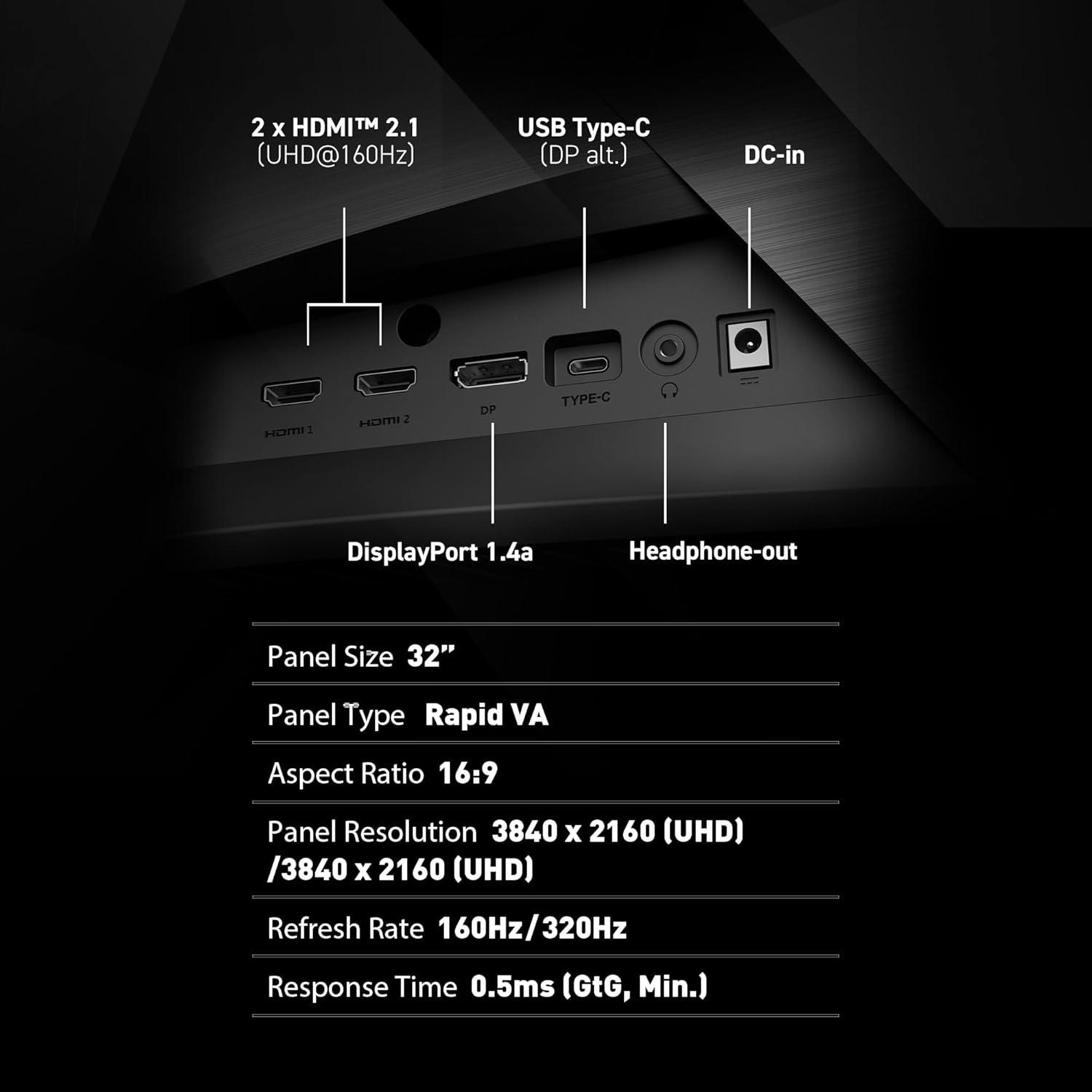 imagemsi MAG 321CUPDF 32inch 3840 x 2160 UHD Gaming Monitor 320Hz AdaptiveSync HDMI DisplayPort VESA Mountable Tilt Height Adjustable Speaker 05ms Black