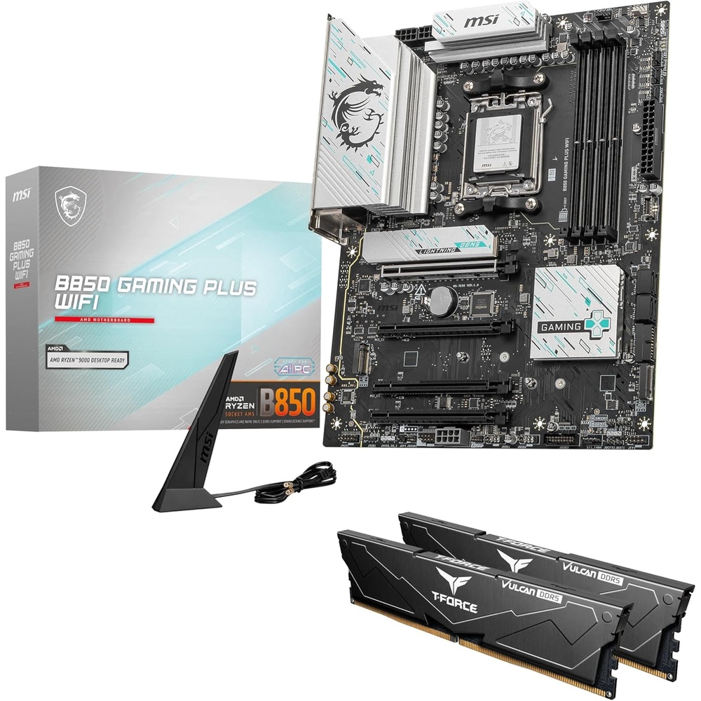 image:imageMSI B850 GAMING PLUS WIFI MotherboardATXSupports AMD Ryzen 90007000 ProcessorsAM5DDR5 Memory 8200 MTs OCPCIe 50x16 amp 40x16M2 Gen5WiFi 75G LANHIGHSPEED DDR5 RAM 32GB 2x 16GB BundleB850 GAMING PLUS WIFI  KIT AMD B850 I